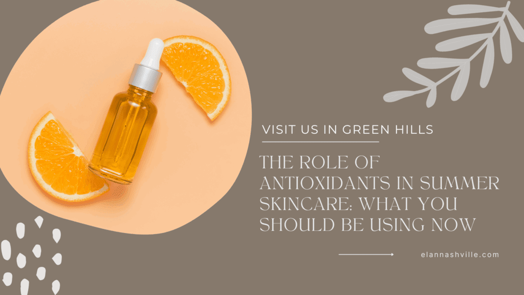 Oranges next to a skincare serum bottle — highlighting the power of antioxidants like vitamin C in protecting and brightening summer skin.