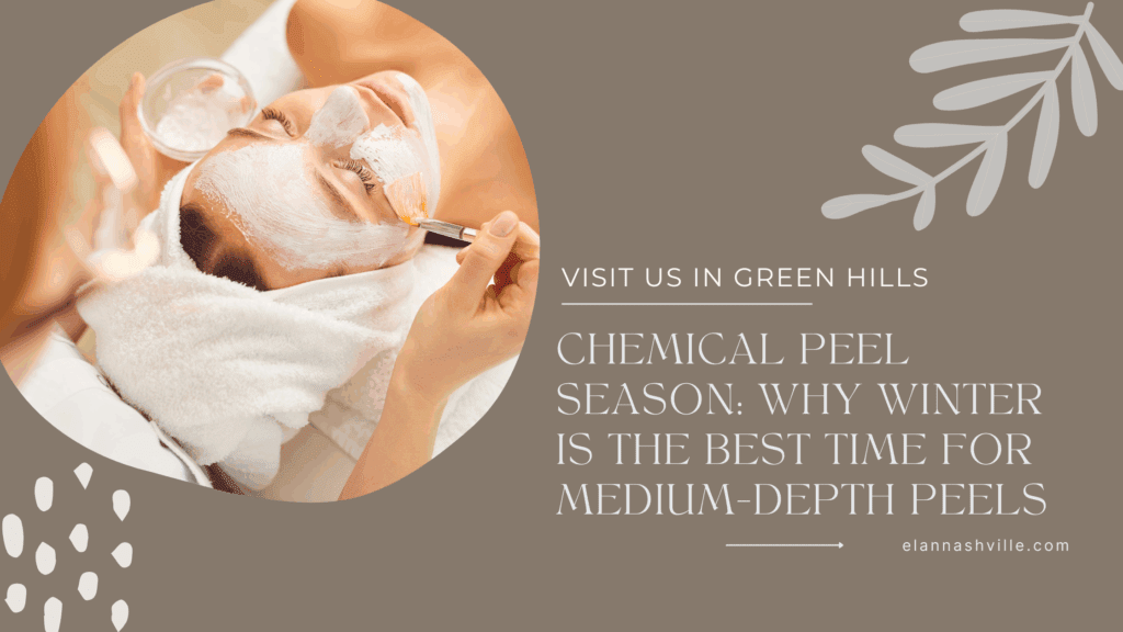 Esthetician applying a chemical peel mask to a woman’s face while she lies wrapped in towels, illustrating winter skincare treatments at a Nashville med spa.